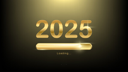 2025 New Year golden loading bar vector illustration. progress with lettering. Party countdown, download screen. Invitation card, website banner, Event placard, holiday expectation. dark background.