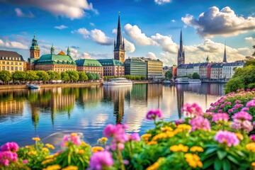 Obraz premium Scenic view of the Alster River in Hamburg showcasing the city's skyline and natural beauty