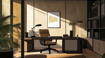 Illustration of a luxury minimalist home office, featuring sleek design, high-end furniture, and a clutter-free, calming workspace, illustrations