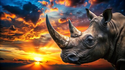 Fototapeta premium Ferocious Rhinoceros Head Silhouette Against Sunset - Wildlife Photography