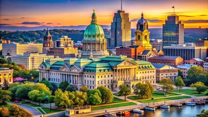 Obraz premium Scenic View of the Historic Capital City of Pennsylvania Showcasing Iconic Landmarks and Architecture