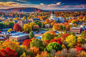 Scenic view of the picturesque landscape and vibrant downtown Fayetteville, Arkansas in autumn colors