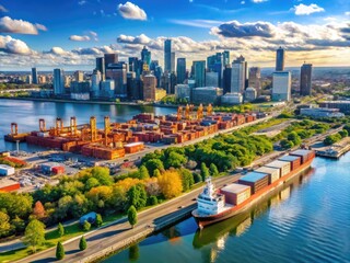 Naklejka premium Scenic View of the Port of Montreal with Cargo Ships, Industrial Facilities, and City Skyline Background