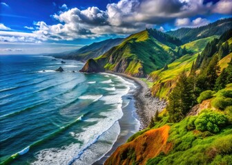 Fototapeta premium Scenic View of the Rugged Lost Coast in California with Dramatic Cliffs and Lush Greenery