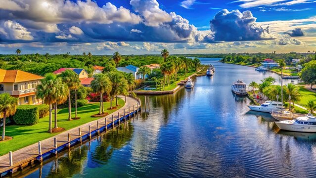 Scenic view of the St. Lucie River with lush greenery and blue skies in Stuart, Florida, USA