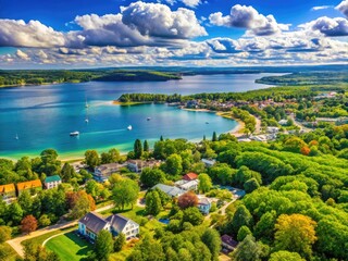 Scenic View of Traverse City Michigan with Beautiful Lakes and Lush Greenery in Summer Sunshine