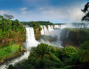 Fototapeta premium The Breathtaking Iguazu Falls on the Brazil-Argentina Border, Surrounded by Rich Rainforests and Home to Exotic Wildlife Species, Offering One of the Most Dramatic Natural Landscapes in South America