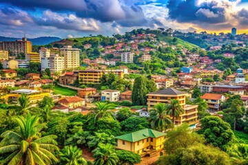 Obraz premium Scenic View of Yaoundé Cityscape in Cameroon with Lush Greenery and Modern Architecture at Dusk