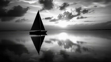 A black-and-white silhouette of a sailboat on a calm lake, with soft waves and a dramatic, cloud-filled sky in the background.