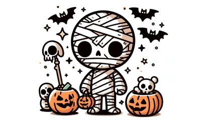  halloween pumpkin and mummy, cartoon illustration