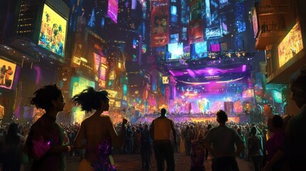 Fototapeta premium A vibrant urban festival scene with a lively crowd and colorful advertisements.