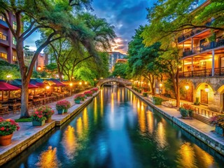 Fototapeta premium Scenic Views of San Antonio Riverwalk with Lush Landscapes, Colorful Lights, and Charming Architecture
