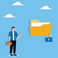 Businessman is pointing to the locked folder