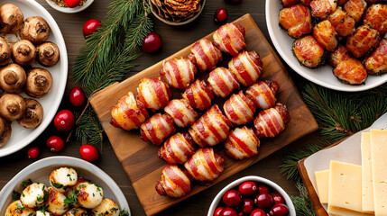 Festive spread featuring bacon wrapped appetizers, cheese, mushrooms, and cranberries, perfect for holiday gatherings.