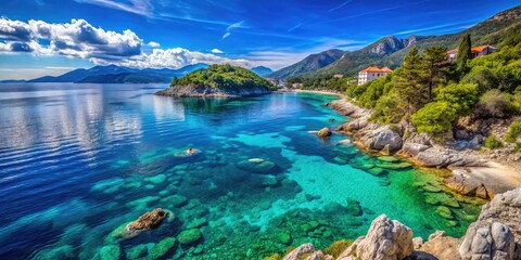 Fototapeta premium Serene Adriatic Coastline with Crystal Clear Water and Scenic Rocky Beaches Under Clear Blue Sky