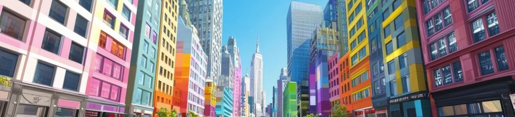 Naklejka premium A vibrant city street filled with colorful buildings and taxis, showcasing a lively urban atmosphere.