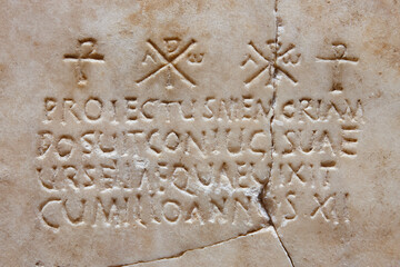 Latin text relief detail. Roman museum. Merida, Caceres. Spain