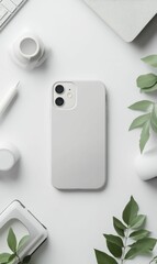White background with a phone, leaves, and accessories.