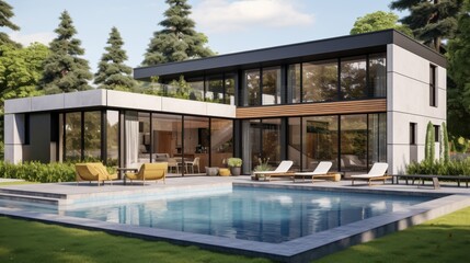 A sleek, modern two-story home showcases large glass windows, surrounded by lush greenery and a sparkling pool reflecting the serene, elegant design.