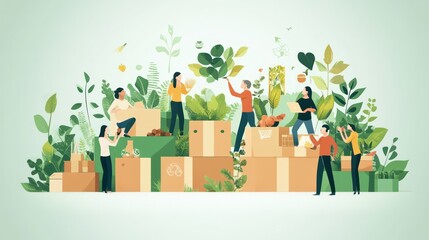 Illustration of e-commerce companies specializing in fair-trade products, supporting sustainable practices and social equity, illustrations