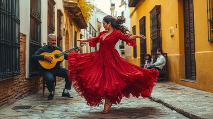 Naklejka premium A man and a woman are dancing on a street