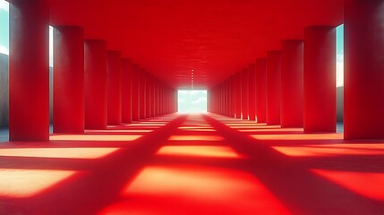 Red hallway with pillars and light at the end.