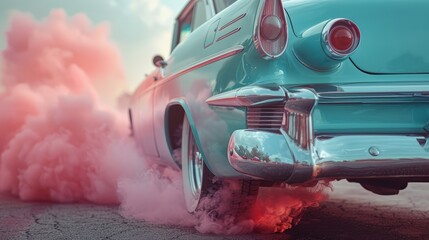 A vibrant vintage car emits colorful pink smoke, showcasing an exhilarating moment on a warm sunny...