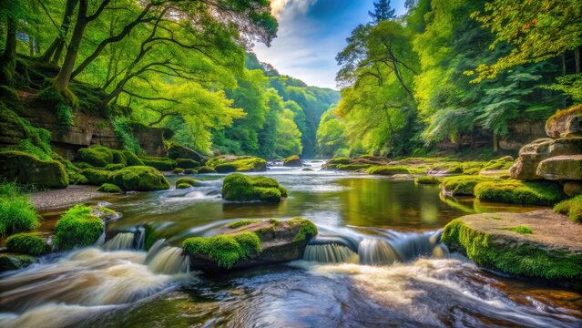 Serene Bolton Strid River Flowing Through Lush Greenery in Beautiful Natural Landscape Scene
