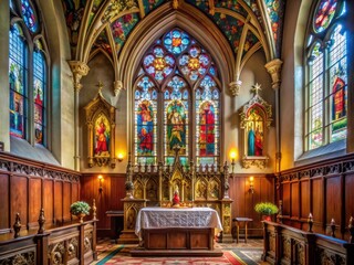 Obraz premium Serene Chancel with Ornate Altarpiece and Stained Glass Windows in a Historic Church Interior