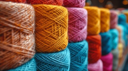 Vibrant yarn spools in an array of colors are stacked neatly, inviting crafters to explore their creativity and engage in artistic projects