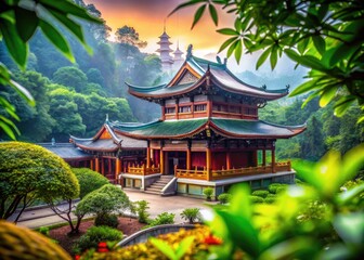 Fototapeta premium Serene Chinese Temple Surrounded by Lush Nature and Traditional Architecture in Tranquil Setting