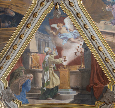 VOGHERA, ITALY - SEPTEMBER 12, 2024: The fresco of Birth and naming of St. John the Baptist in Domo - Collegiata di San Lorenzo by Luigi Morgari (1906 - 1908).