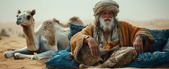 Obraz premium Amidst the harsh desert, a nomad unwinds on a cushioned sofa, creating a unique tableau of comfort and tranquility in a harsh environment.