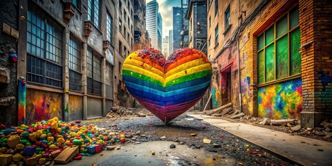Fototapeta premium LGBT Rainbow Heart Disintegrating into Colorful Particles in Urban Setting - Urban Exploration Photography