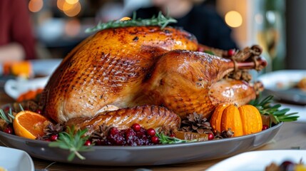 Family gathered around a large wooden table for Thanksgiving, with traditional dishes and warm natural lighting