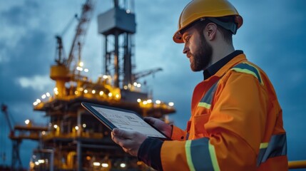 A drilling rig operator monitoring well depth and drill speed on a digital tablet, managing an automated rig for oil and gas exploration
