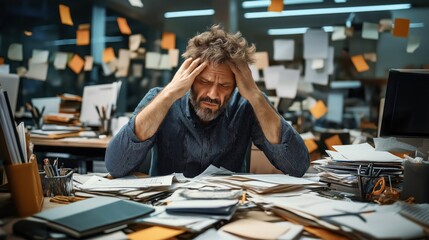 Man sitting at a cluttered desk with papers and sticky notes everywhere, looking stressed and holding his head, in a messy office environment.