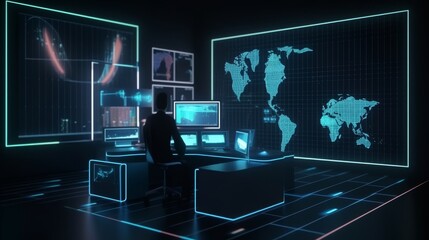 Naklejka premium A man sits at a desk in front of a computer monitor with a map of the world on t