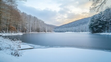 A frozen lake surrounded by snow-covered trees and hills, showcasing the beauty and stillness of winter