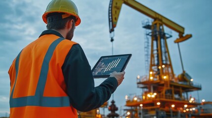 A fully automated oil drilling rig controlled by a tablet, with the operator overseeing the drilling process from a safe distance