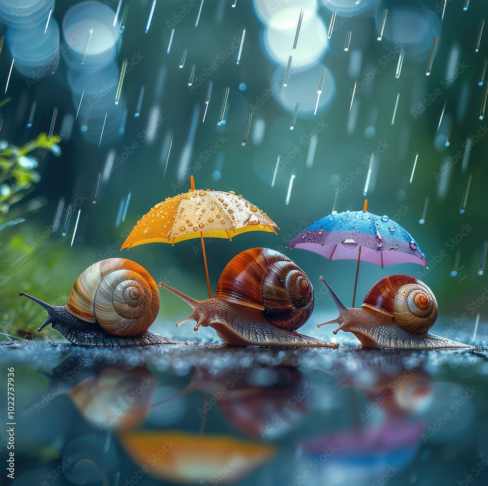 Poster Three snails with colorful umbrellas in the rain.