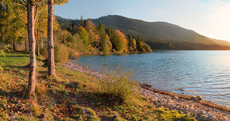 idyllic scenery at sundown, lake shore Walchensee in october