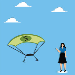 Businesswoman is standing near the dollar parachute