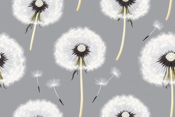 Obraz premium Beautiful pattern of dandelion flowers on a gray background, showcasing natural elegance and softness