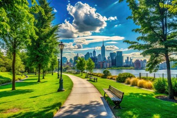 Fototapeta premium Serene Greenpoint Park Landscape with Lush Greenery and Peaceful Walking Paths Under Blue Sky