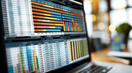 A detailed digital spreadsheet interface displayed on a modern computer screen, The spreadsheet includes organized data cells with neatly formatted row and columns. Several colorful graphs and charts.