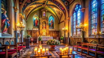 Obraz premium Serene Interior of a Church with Soft Light Illuminating Altar and Candles for Peaceful Reflection