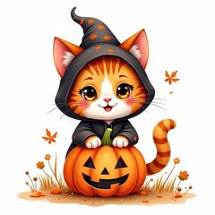 cat with pumpkin isolated halloween illustration in watercolor style. cute character jack-o-lantern