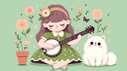illustration of a little girl playing a Banjo accompanied by a Persian cat