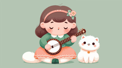 illustration of a little girl playing a Banjo accompanied by a Persian cat